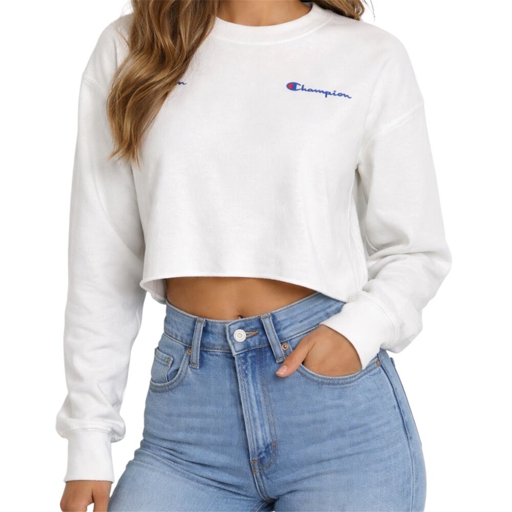 Champion Reverse Weave Sweatshirt Crewneck Logo Spellout White Cropped XSmall